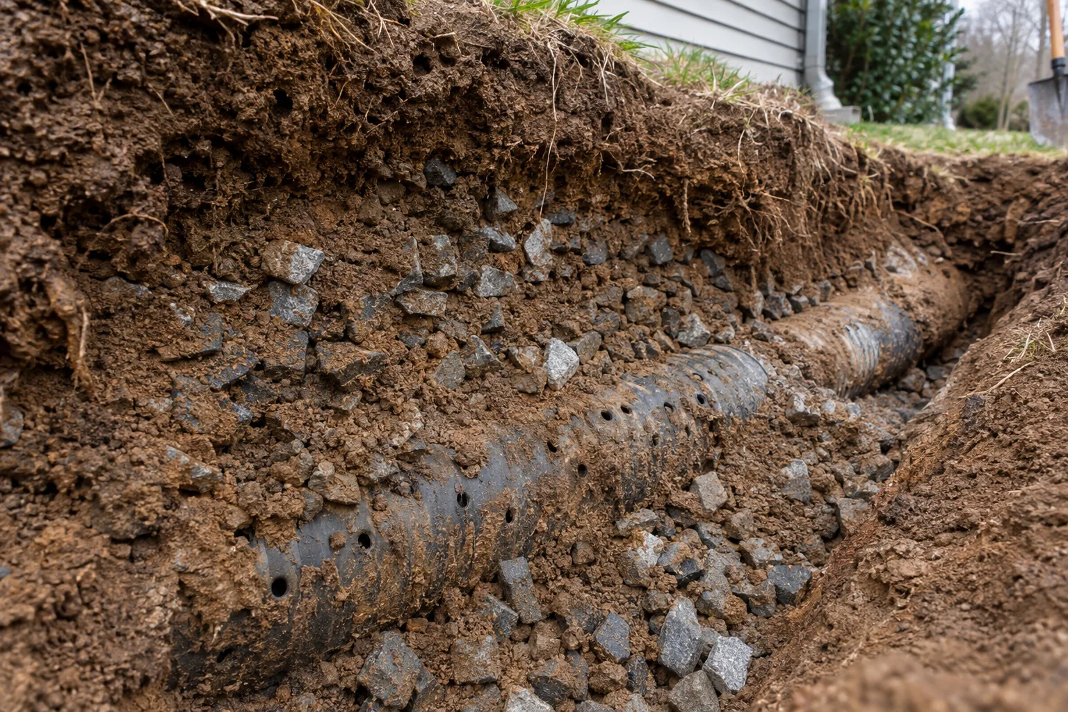 Sediment-contaminated stone around an exposed French drain pipe.