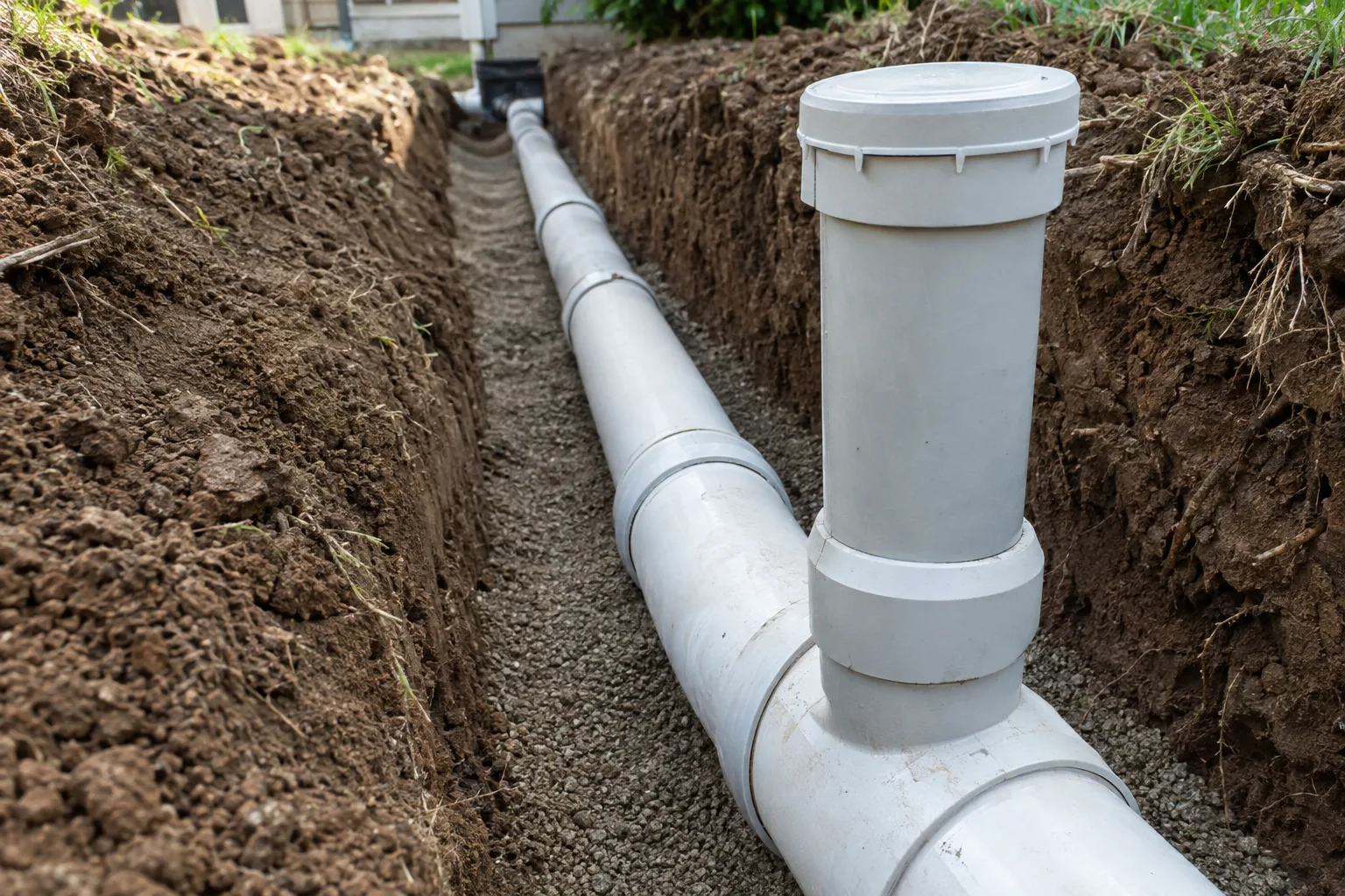 Solid drainage pipe with fitted joints and a cleanout in an open trench.