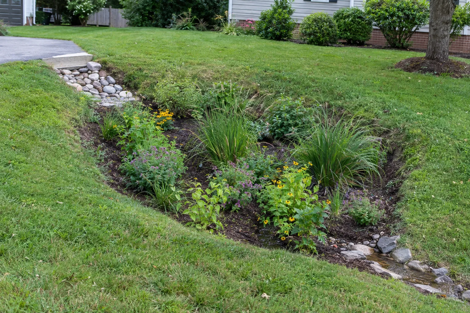 Shallow planted rain garden with a stone-lined inlet and overflow route.