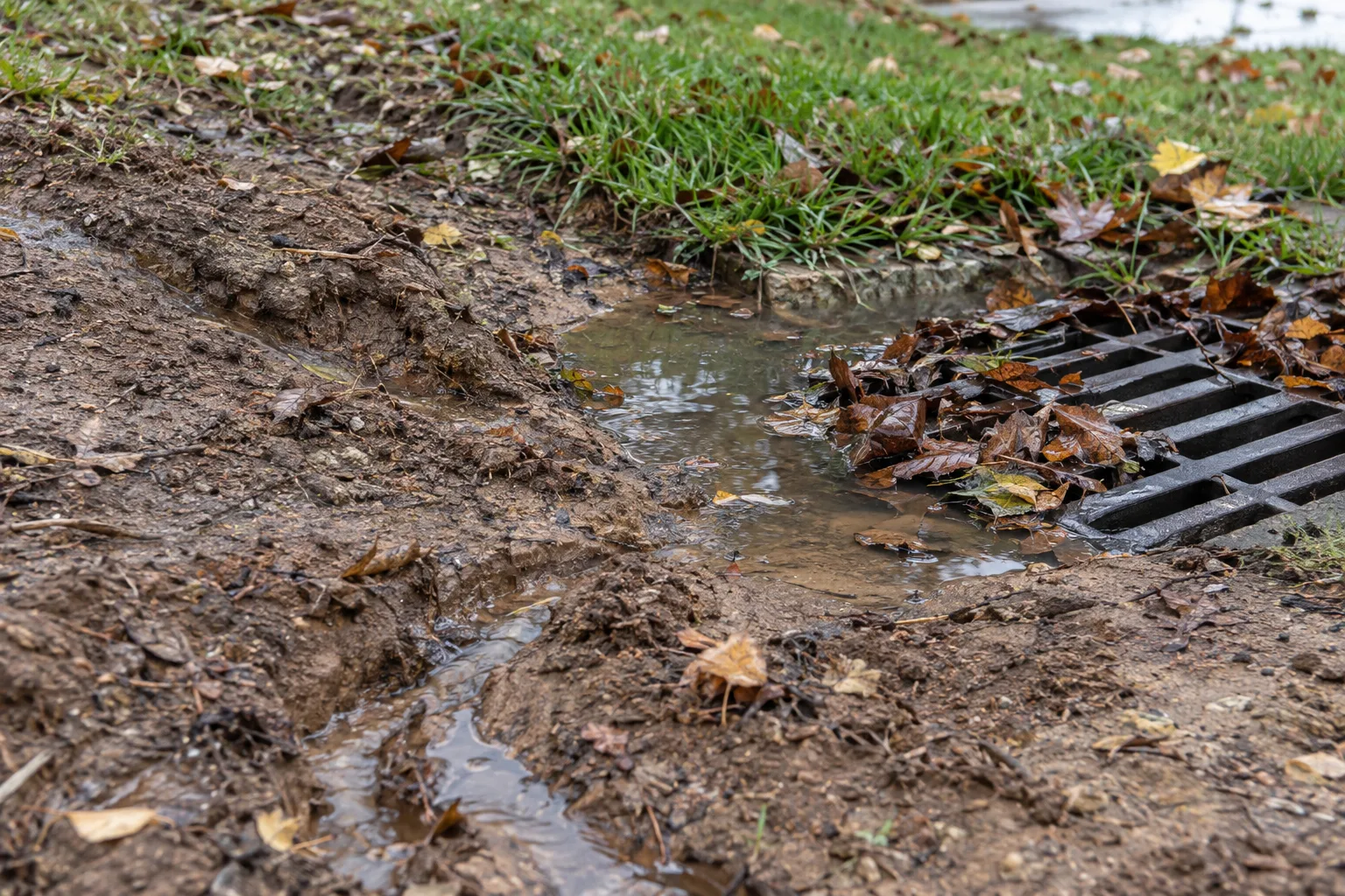 Pooled water, muddy runoff channels and leaves around a lawn drain.