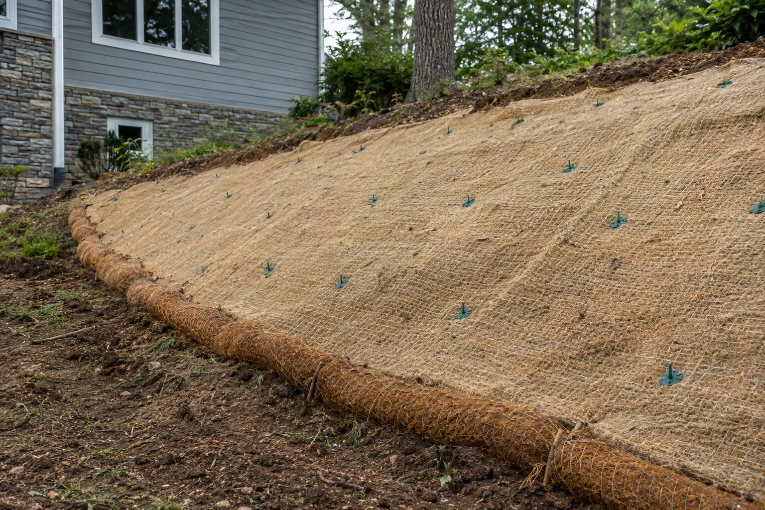 Erosion blanket and coir wattle stabilizing disturbed soil.