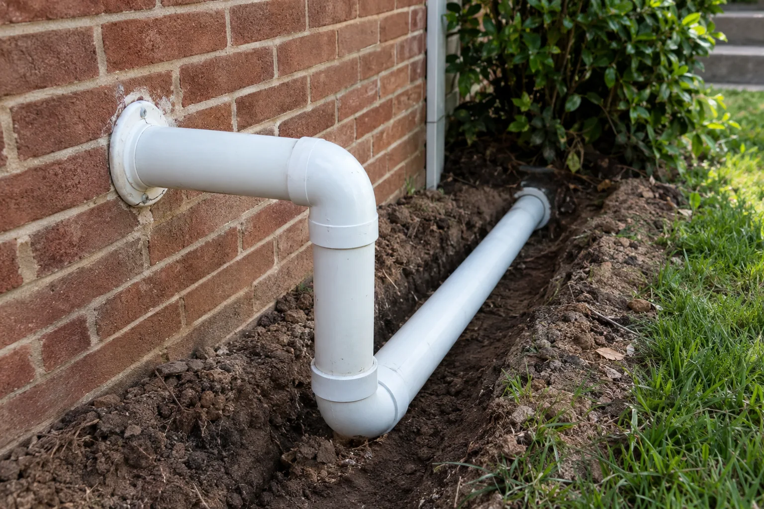 Exterior sump discharge pipe routed away from a brick wall.