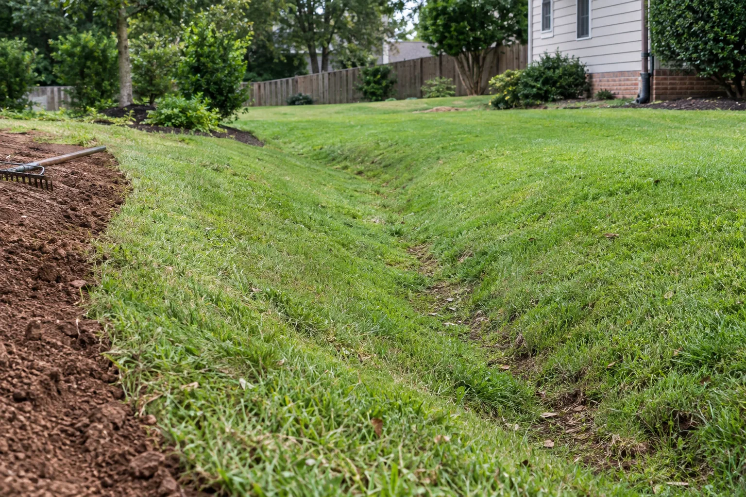 Shallow grass-lined swale with gently sloping banks through a yard.