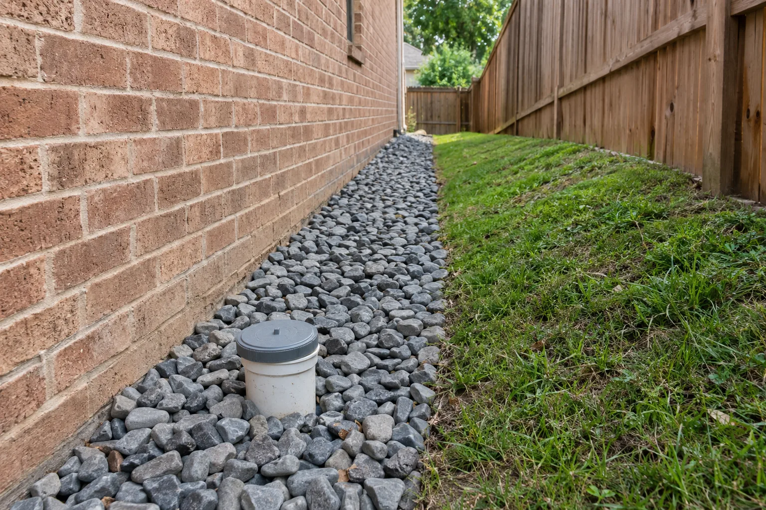 Stone drainage strip with a cleanout in a narrow side yard.