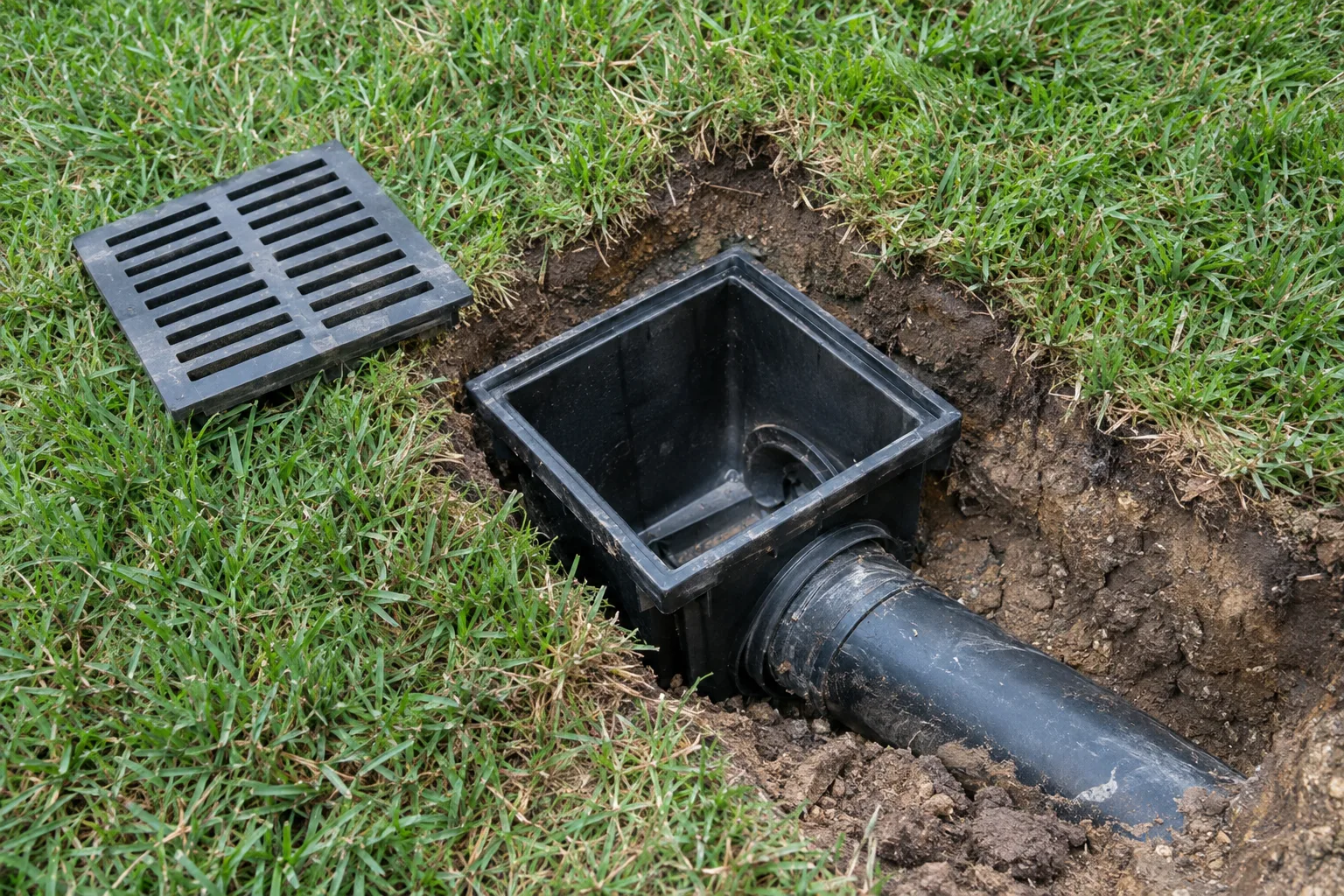 Yard catch basin connected to a solid drain pipe before backfilling.