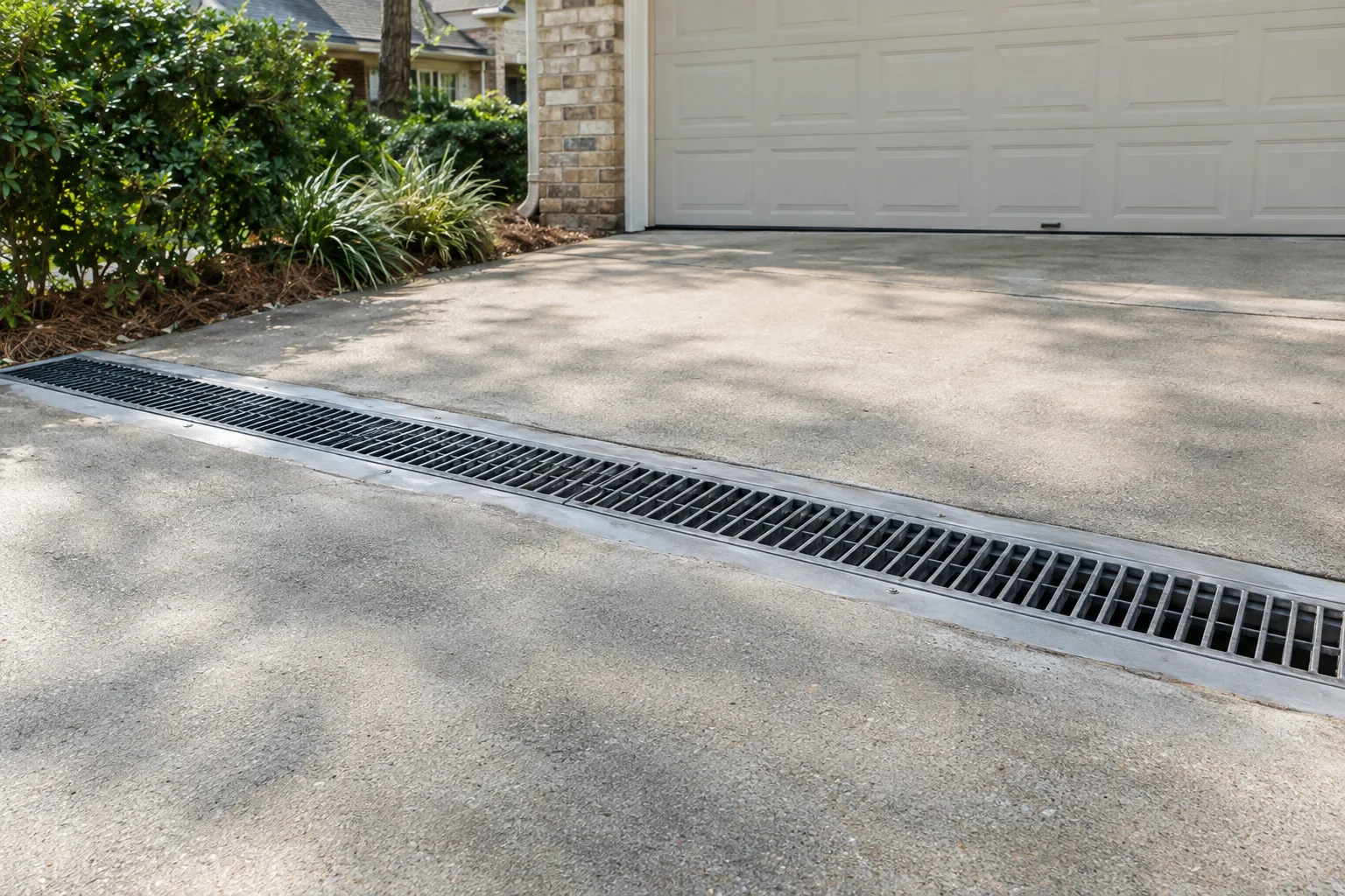 Grated drainage channel across a residential driveway.