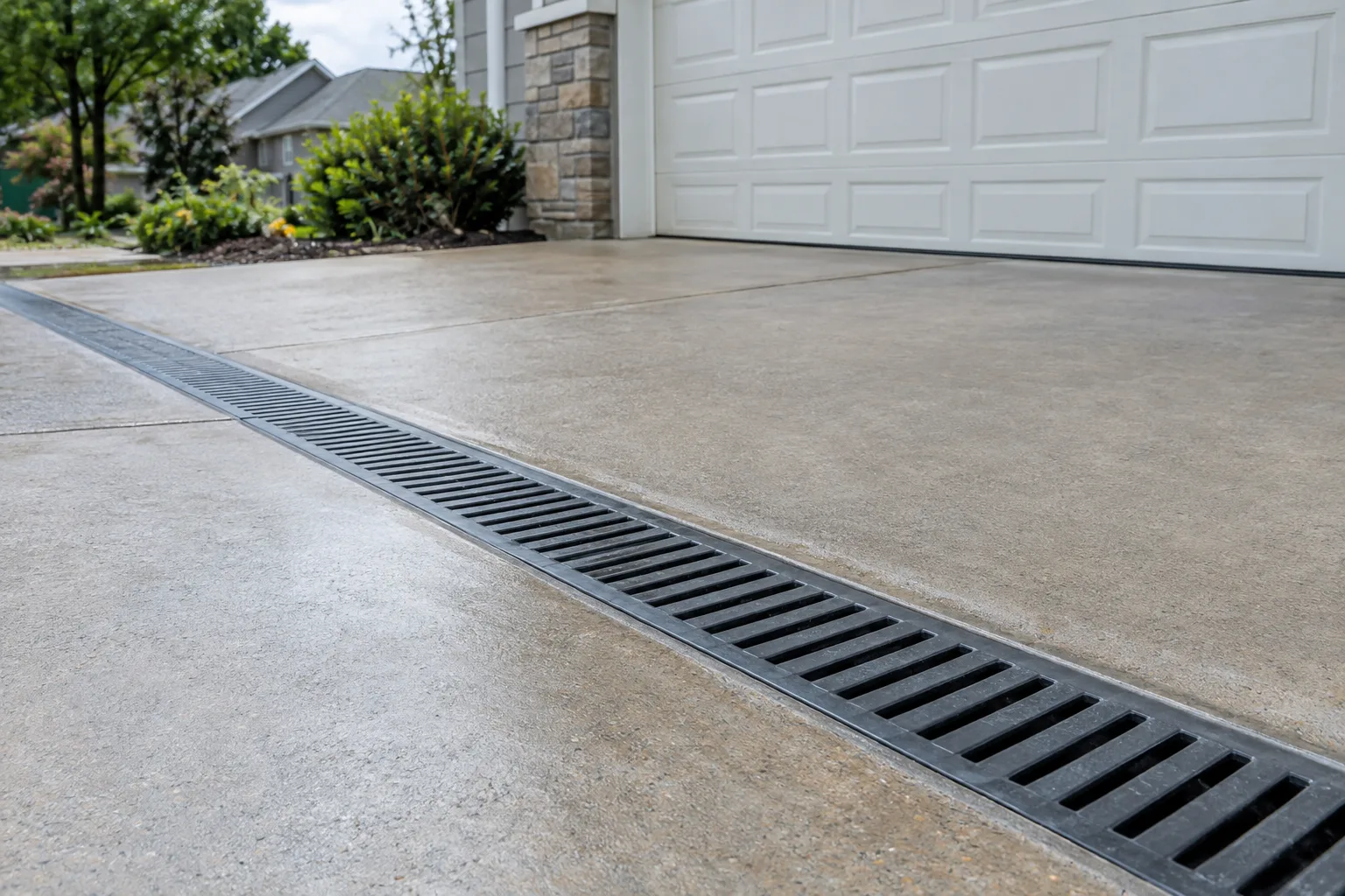 Grated channel drain across the low edge of a concrete driveway.