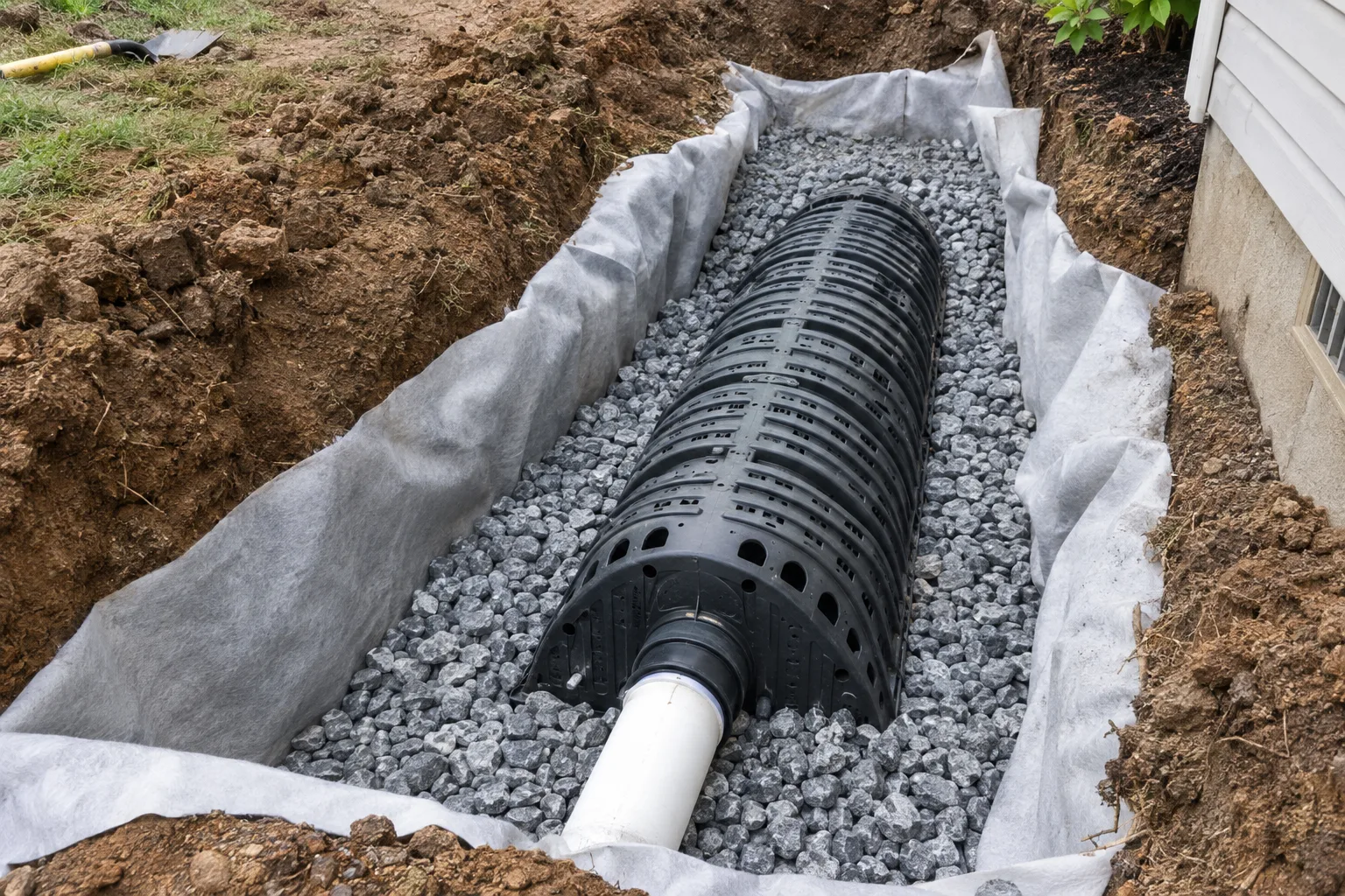Dry well chamber with an inlet pipe, drainage stone and filter fabric.