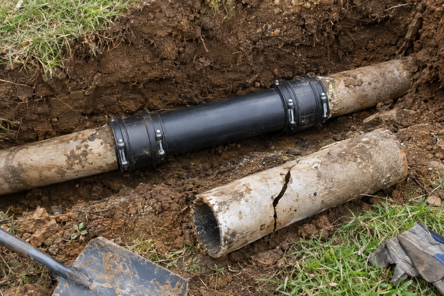 Exposed drain pipe repair with a replacement section and removed damaged pipe.