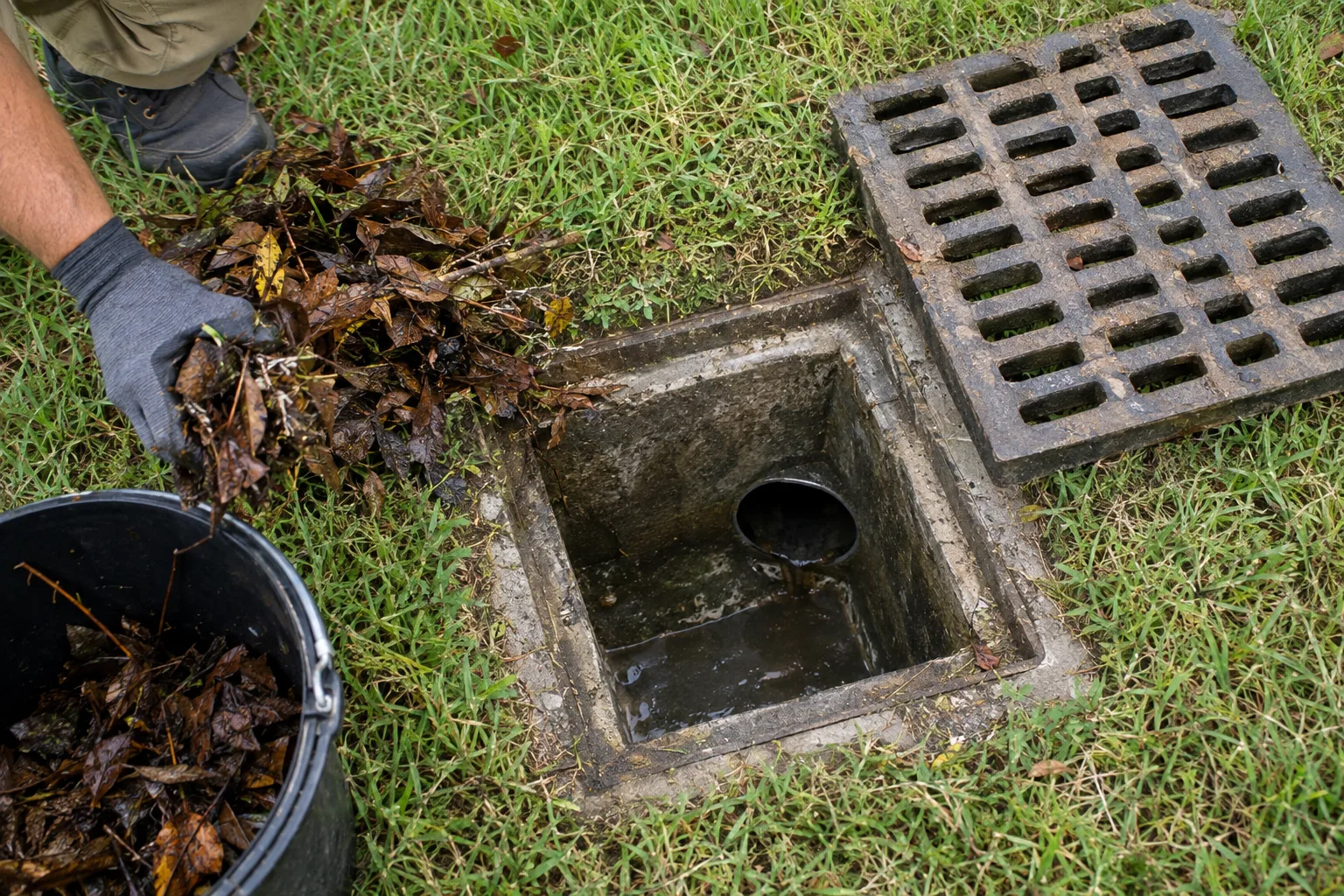 Open catch basin with its grate removed and collected leaves beside it.
