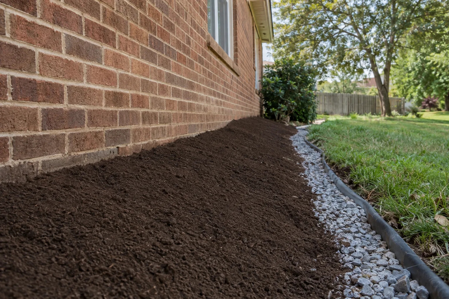 Graded soil sloping away from a house foundation.