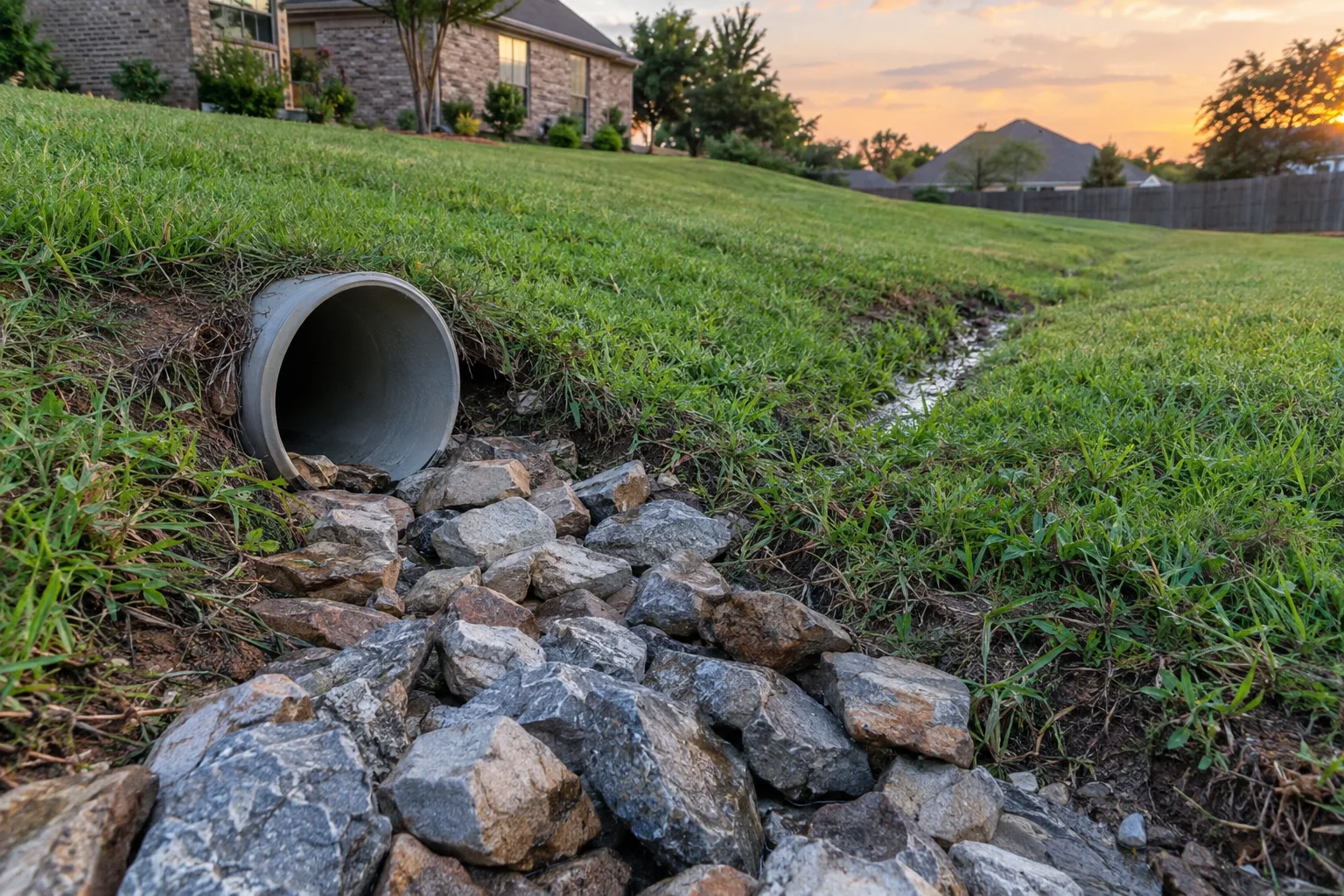 Drain outlet and stone erosion protection at a grass slope.