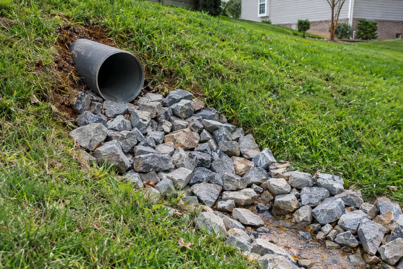 Drain pipe outlet above a rock apron on a grassy slope.