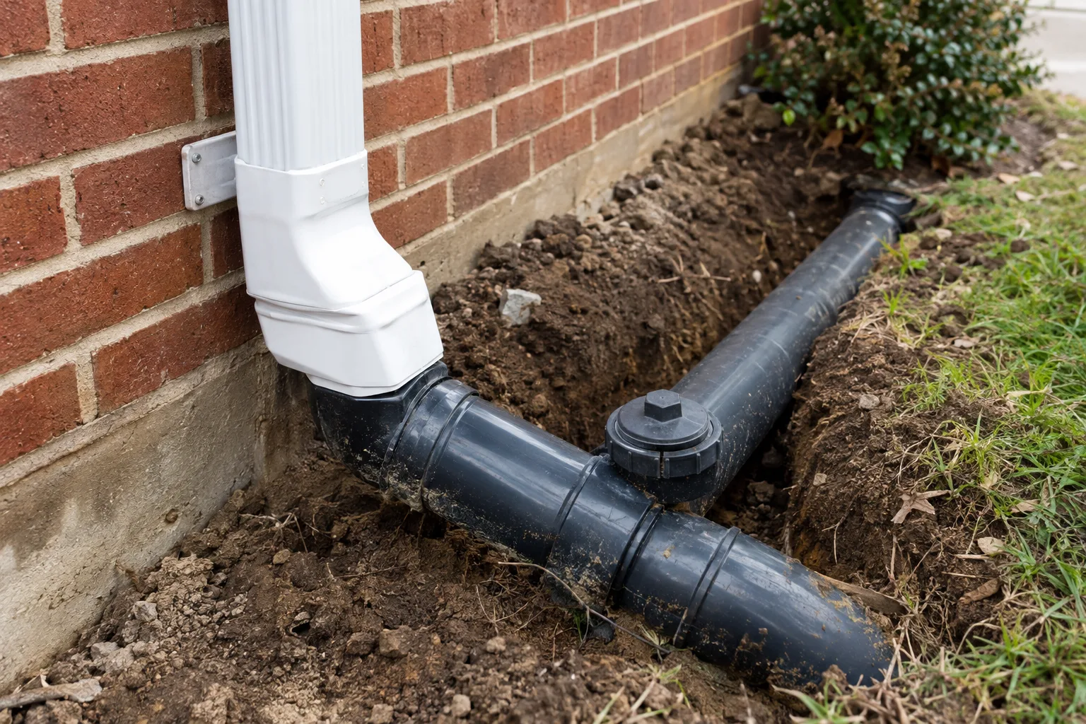 Downspout connected to solid underground drainage pipe and a cleanout.
