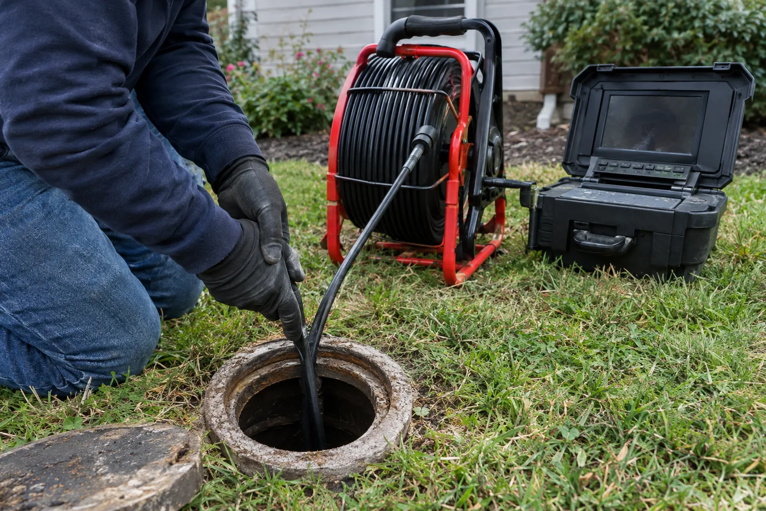 Drain inspection cable entering an open cleanout beside its reel.