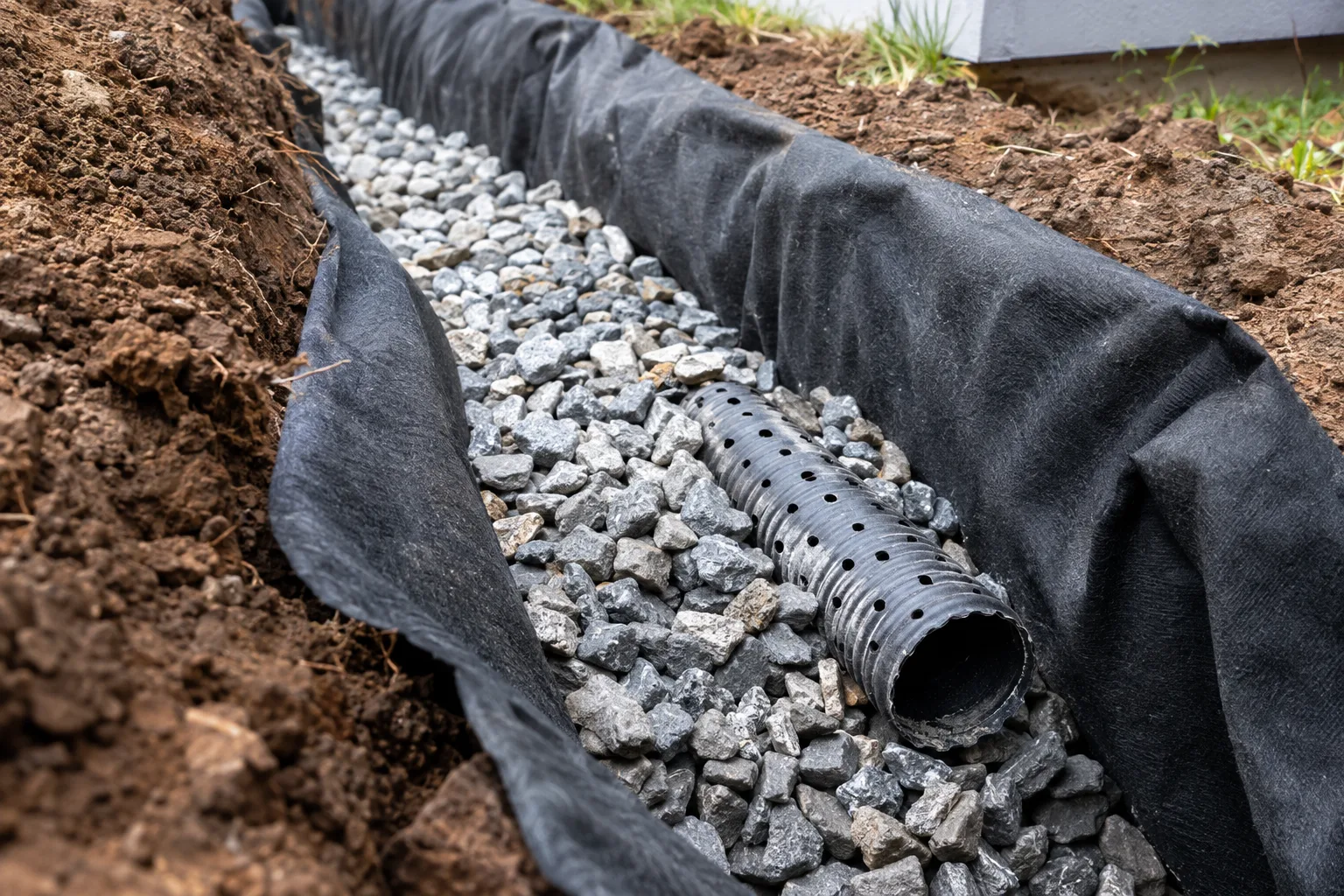 Geotextile separating soil from stone around a perforated drain pipe.