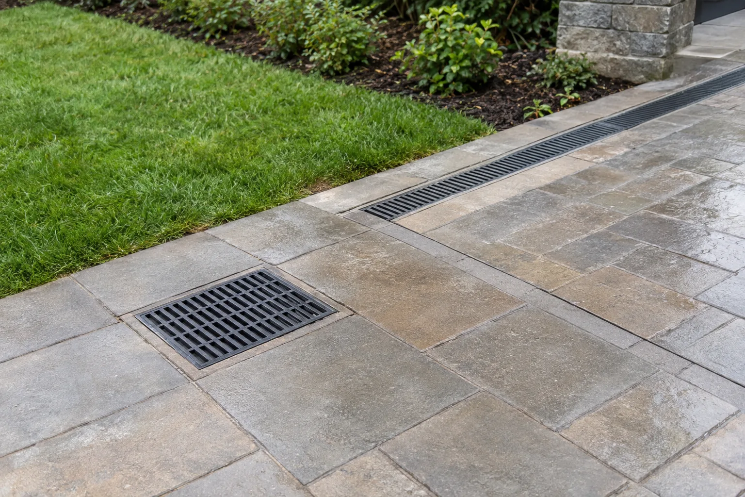 Square catch basin and linear channel drain in a paved courtyard.