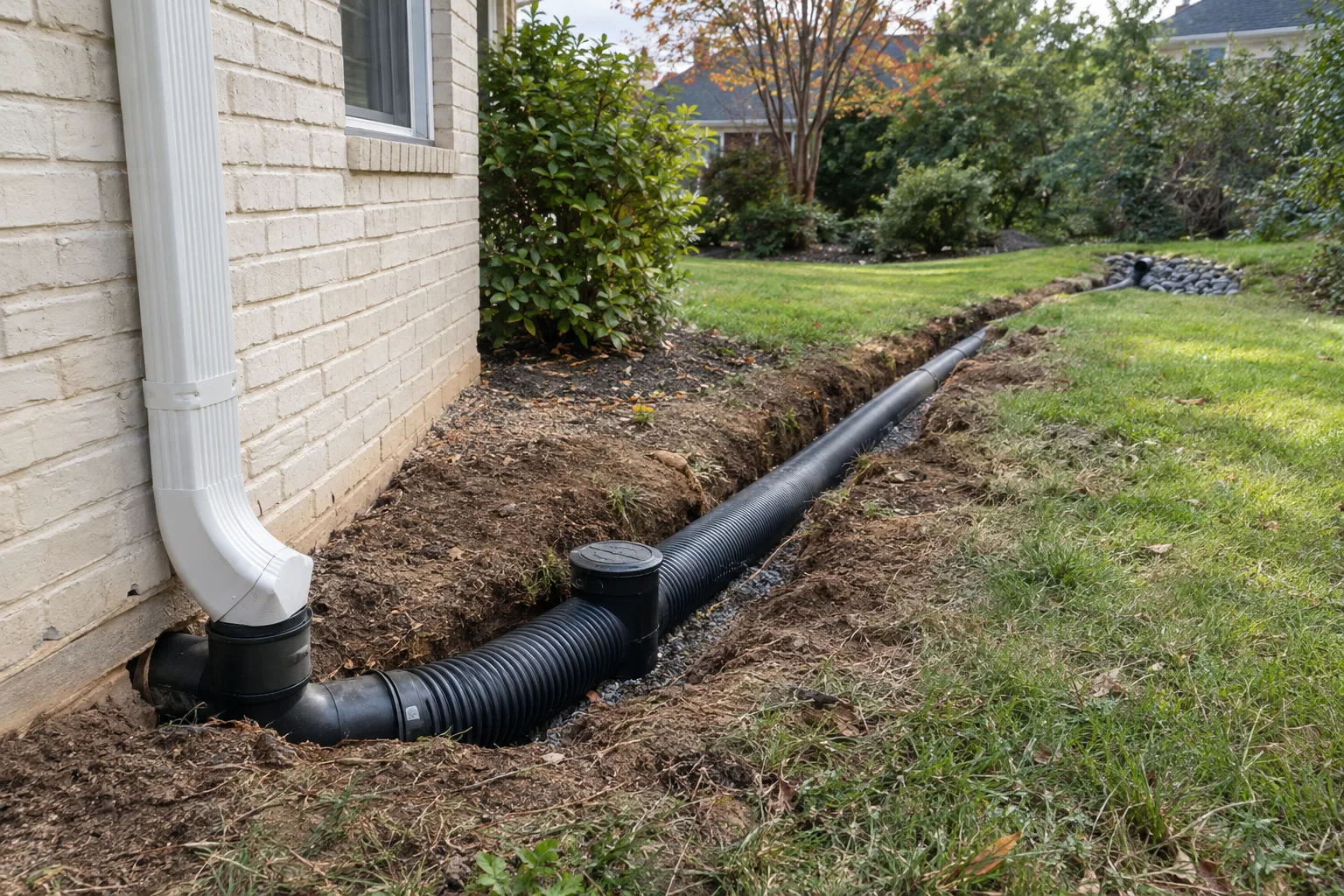 Downspout drainage route extending away from a house through an open trench.