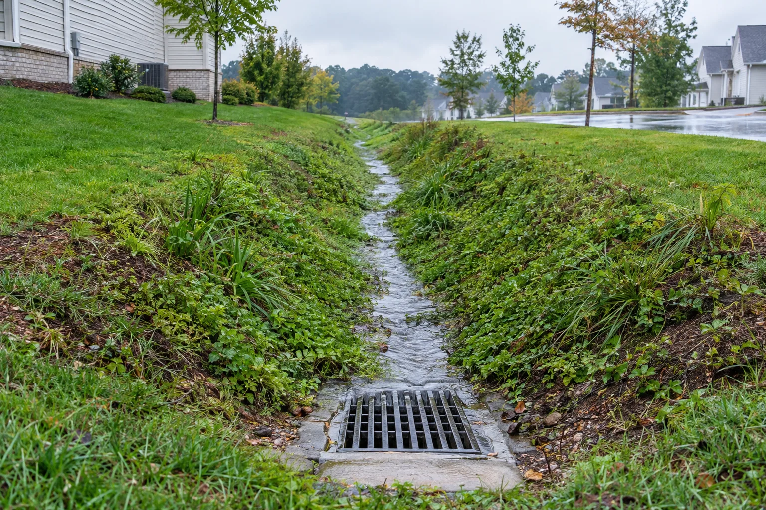 Vegetated drainage swale leading toward a surface inlet.