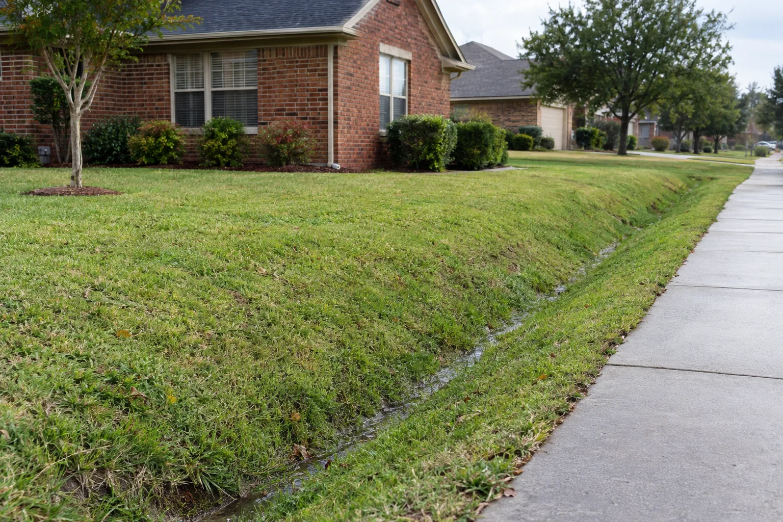 Shallow grass swale along a residential front lawn.