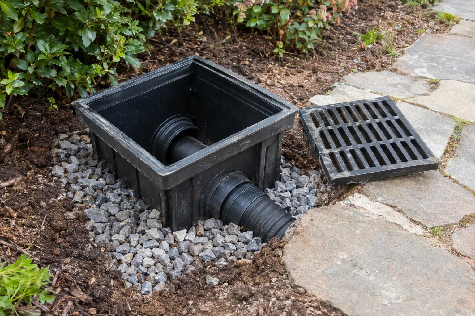 Catch basin with an exposed outlet connection and removable grate.