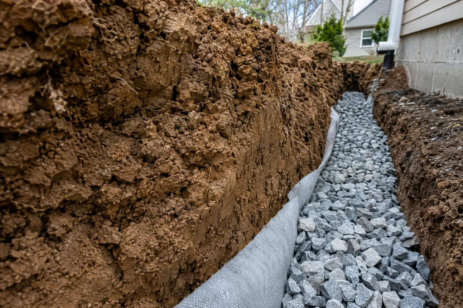 Dense soil beside drainage stone separated by geotextile fabric.