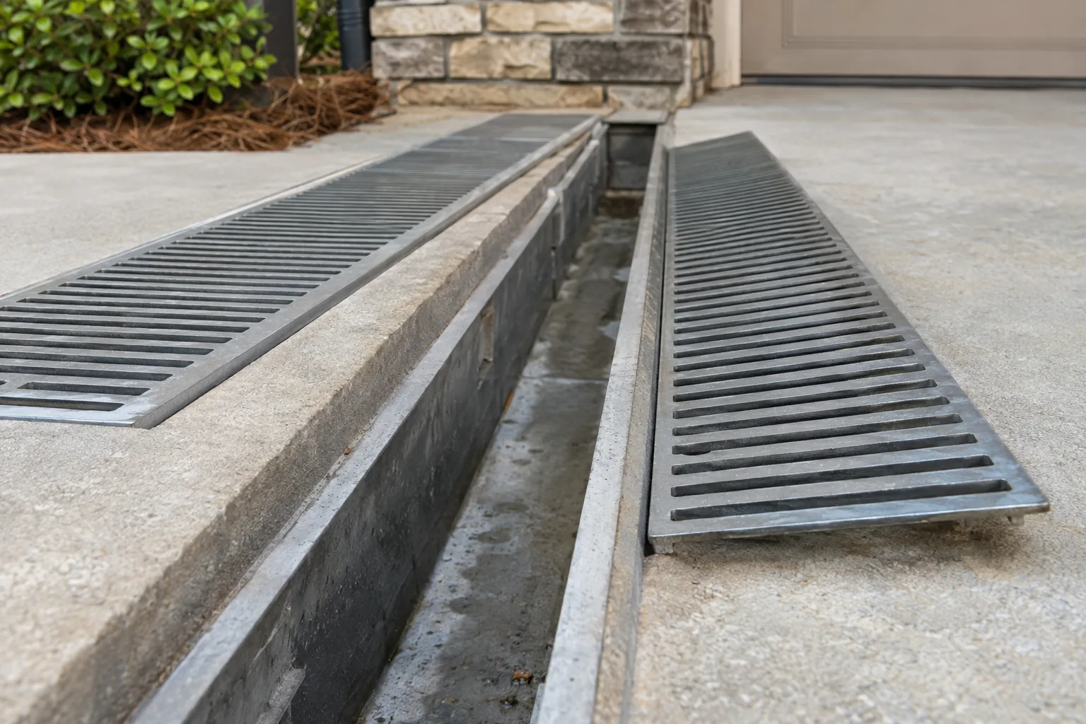Open channel drain trough with a matching metal grate beside it.
