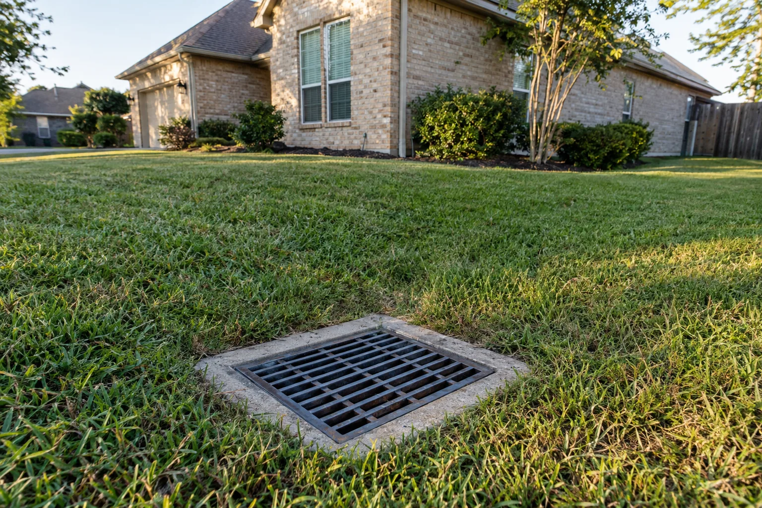 Surface drain inlet at a low point in a residential lawn.