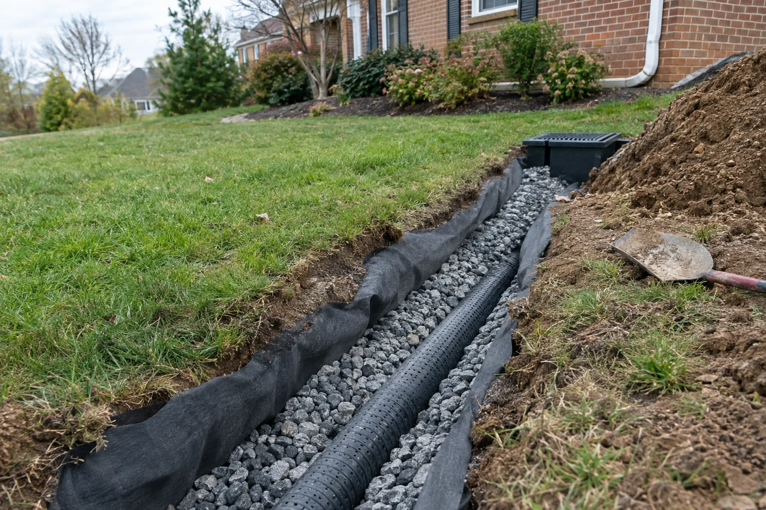 Open drainage trench with stone, pipe and filter fabric in a residential lawn.