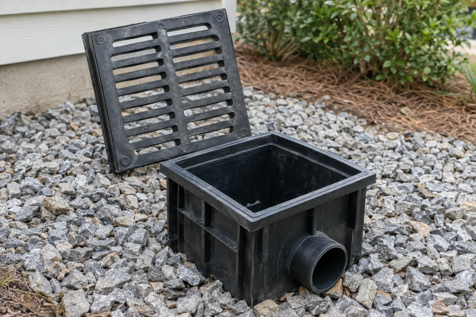 Square inlet grate beside its matching catch basin body.