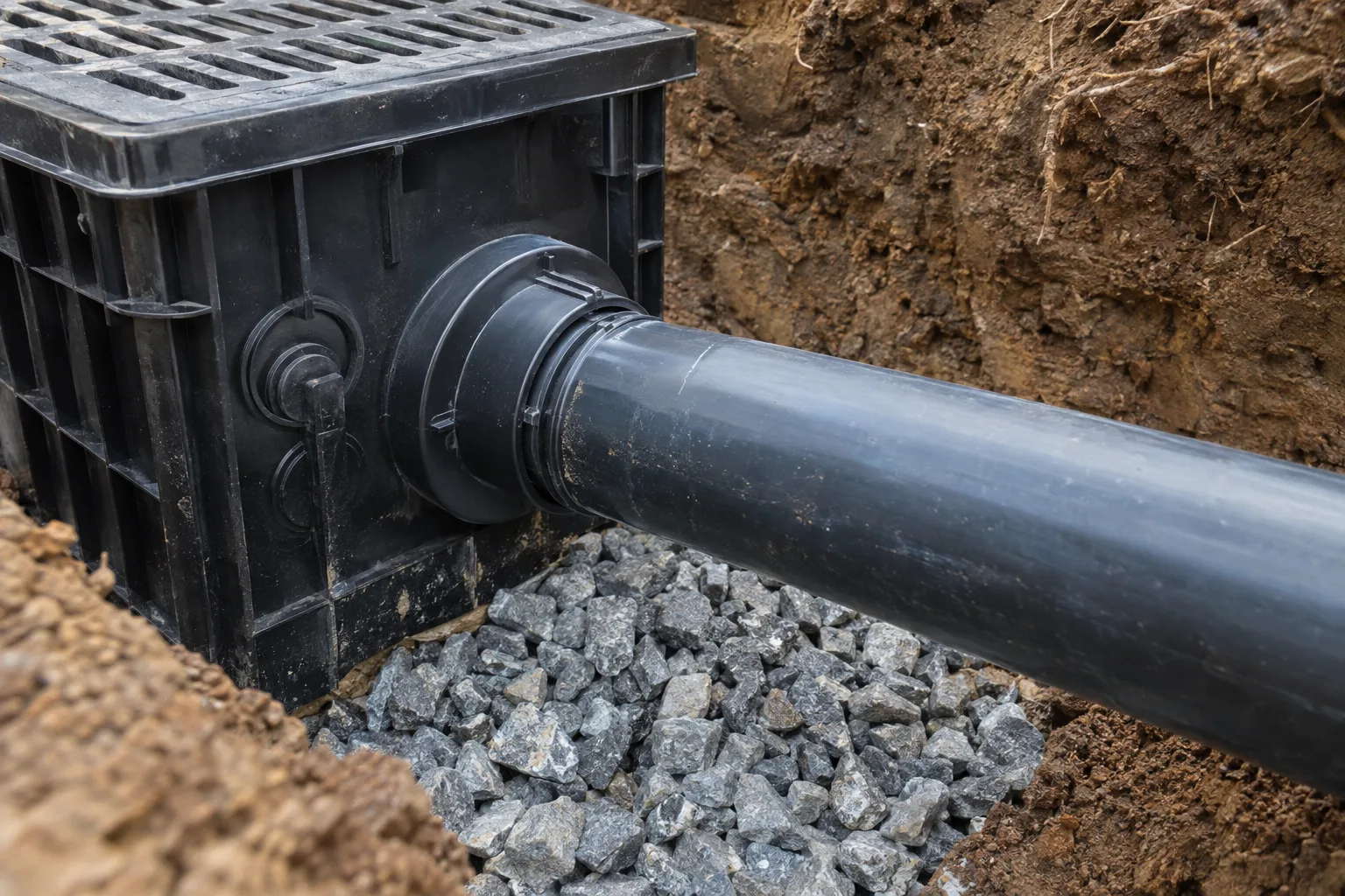 Solid drain pipe connected to a catch basin sidewall.