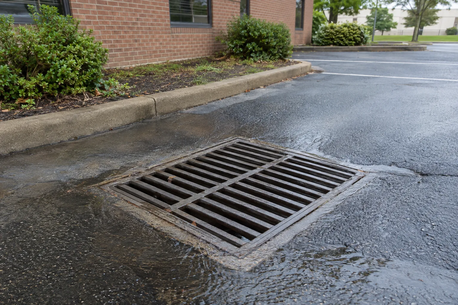 Rectangular drainage inlet set into a commercial parking area.