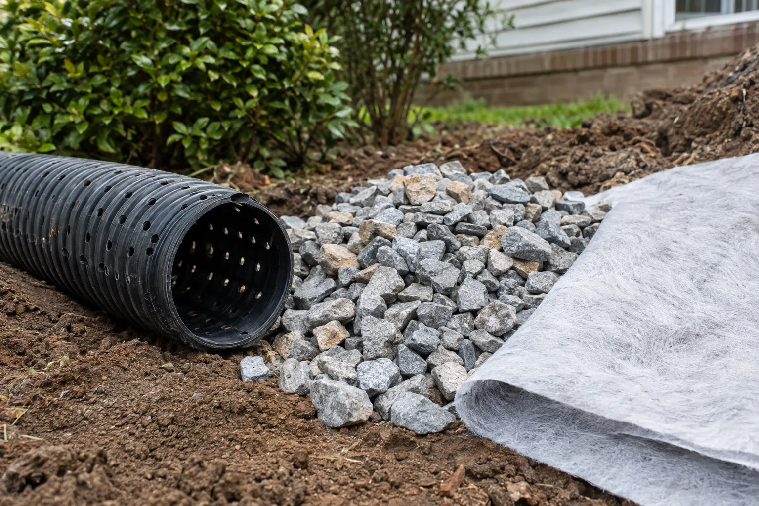 Perforated drain pipe, washed stone and geotextile beside a work area.